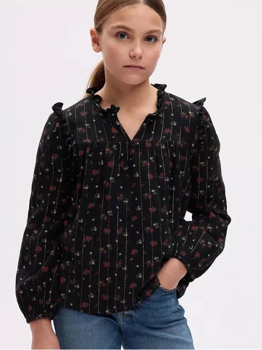 Gap Kids blouse stripes Girls' Black Floral Ruffle-Yoke Long Sleeve Top New M